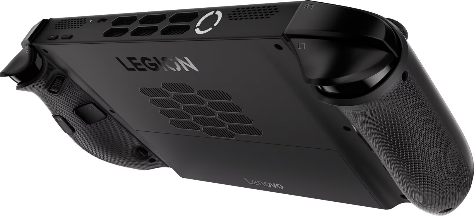 Appareil de jeu portable Lenovo Legion noir. Comprend des boutons, des ventilations et le logo Legion. Vue en angle.