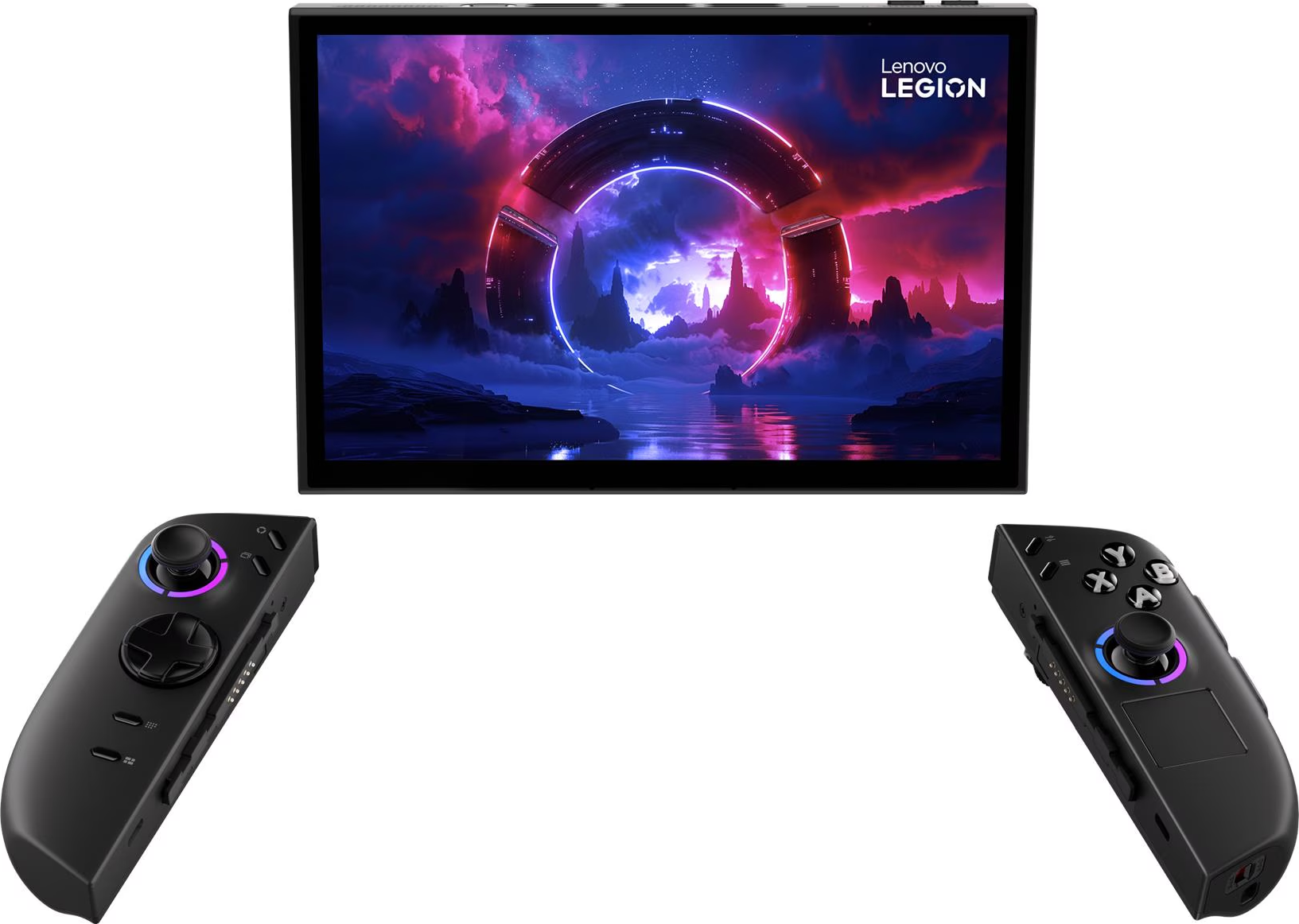 Un écran Lenovo Legion et deux manettes. L'écran affiche un paysage numérique. Les manettes sont noires avec des lumières colorées.