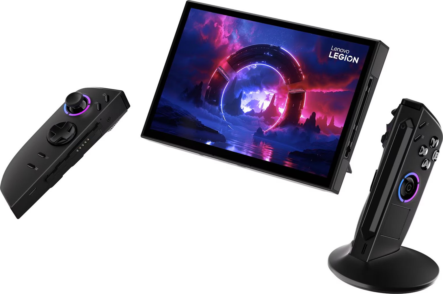 L'image montre une tablette Lenovo Legion avec des manettes. L'écran affiche une scène futuriste. Deux manettes sont sur les côtés.
