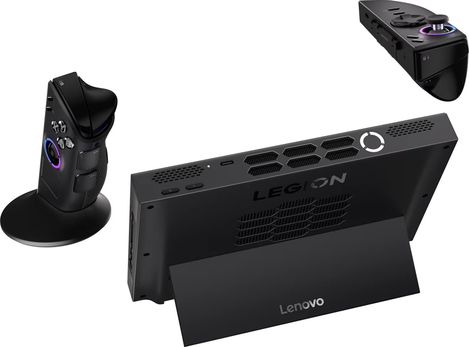 Console de jeu Lenovo Legion noire et manettes. La console a un support. Les manettes ont des boutons et des joysticks.