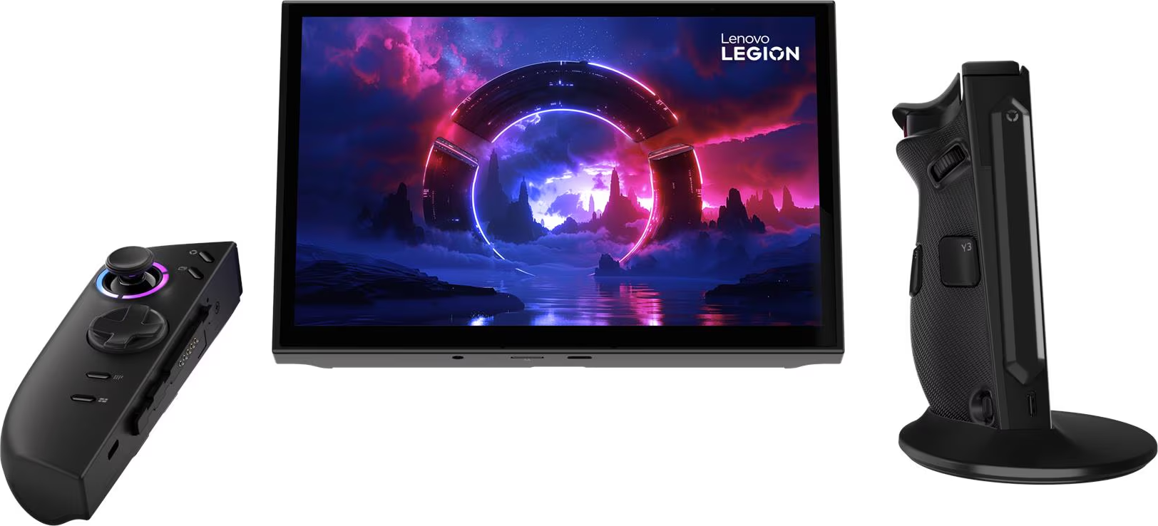 L'image présente une tablette Lenovo Legion avec des contrôleurs. L'écran affiche un paysage futuriste. Les contrôleurs sont noirs.