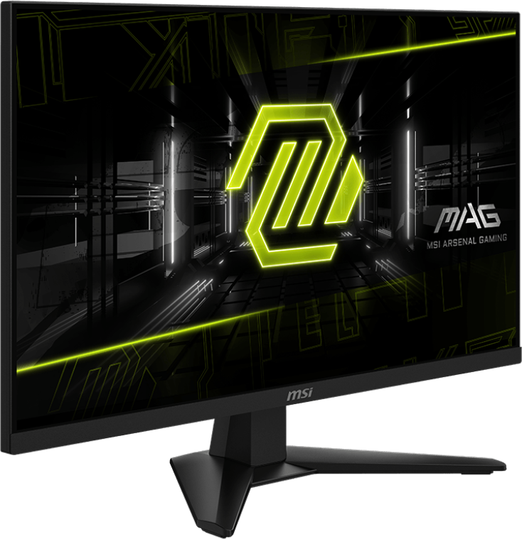 MSI-Gaming-Monitor. Schwarzer Rahmen, schwarzer Ständer. Der Bildschirm zeigt ein neongrünes Logo und Text auf dunklem Hintergrund.