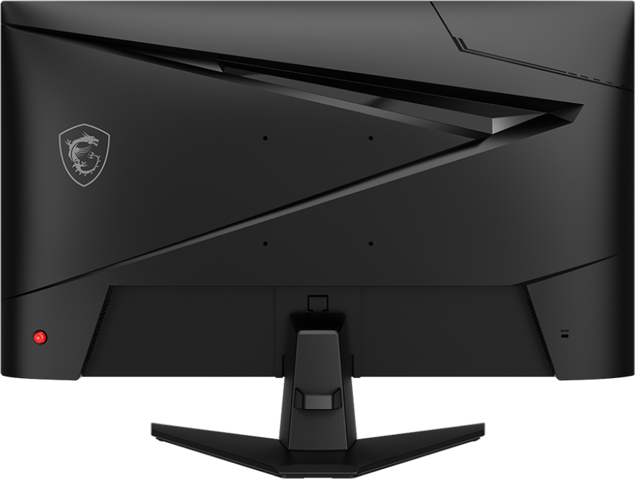 Die Rückseite eines schwarzen Computermonitors. Es hat das MSI-Logo, einen roten Power-Knopf und einen Ständer.