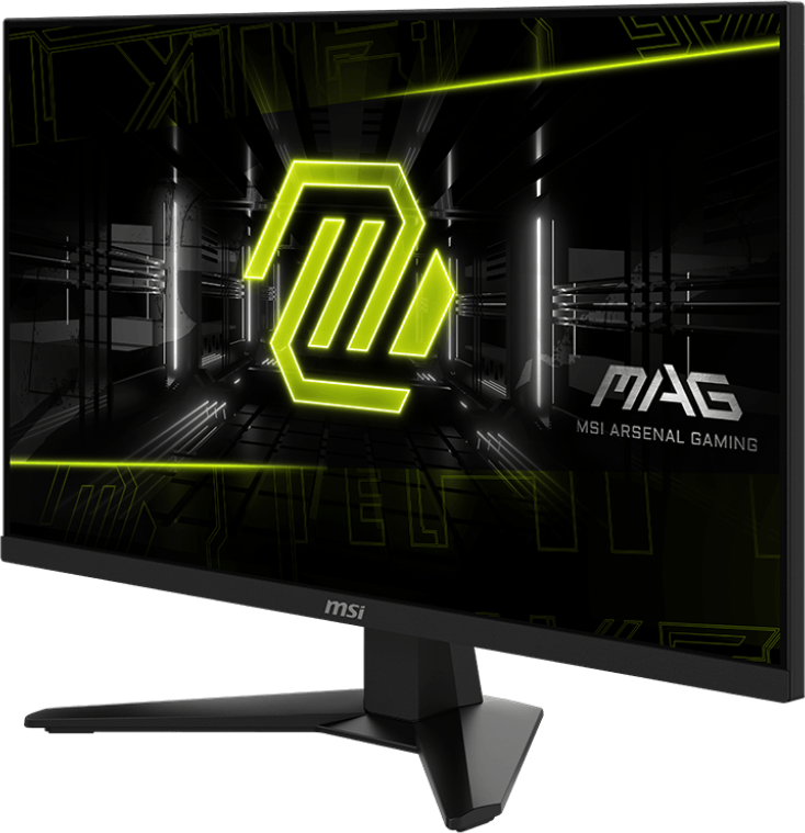 MSI MAG Gaming-Monitor. Schwarzer Rahmen, Ständer. Bildschirm zeigt neon-grünes Logo und Linien auf schwarzem Hintergrund. 'MAG' und 'MSI ARSENAL GAMING'.