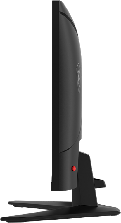 Seitenansicht eines schwarzen Computermonitors. Es hat einen roten Knopf und einen Ständer. Das Markenlogo ist sichtbar.