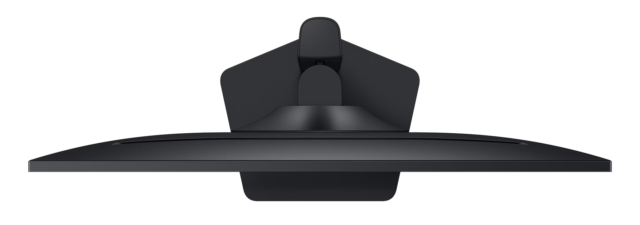 Widok z góry na czarny monitor komputera. Ekran jest szeroki. Podstawa jest podłączona z tyłu.