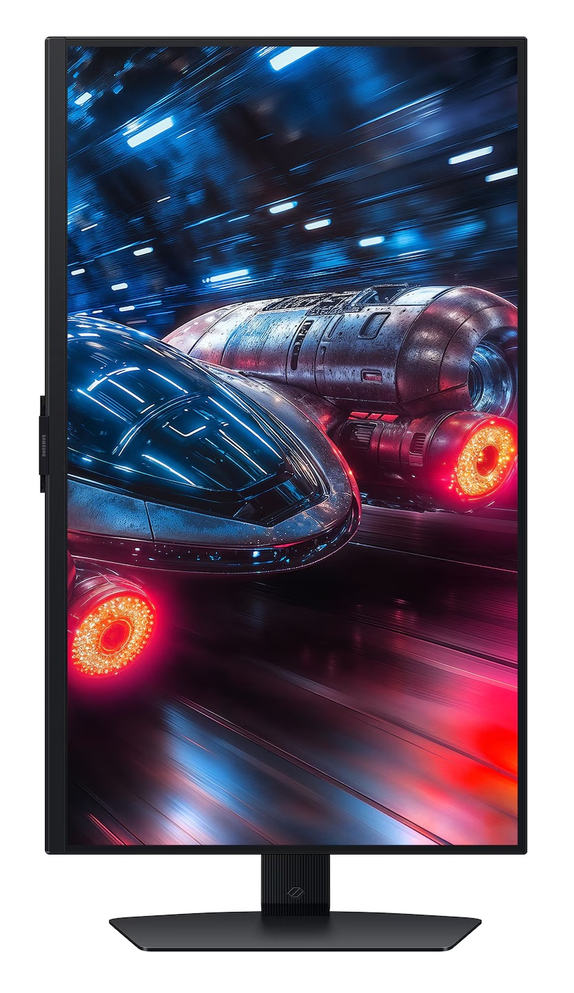 Monitor wyświetlający dwa futurystyczne statki kosmiczne z czerwonymi świecącymi silnikami, w tunelu z niebieskimi i czerwonymi światłami.