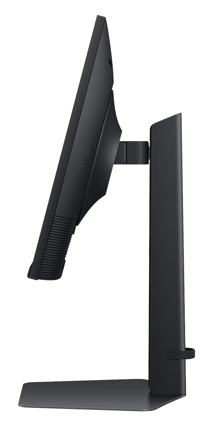 Widok z boku czarnego monitora komputera. Ekran jest pochylony. Ma podstawę i pionowe podparcie.