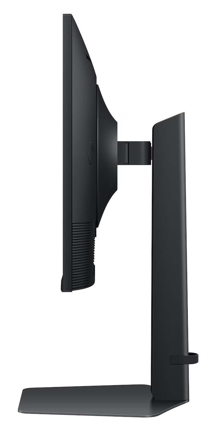 Widok z boku czarnego monitora. Ekran po lewej stronie, połączony ze stojakiem po prawej, na białym tle.