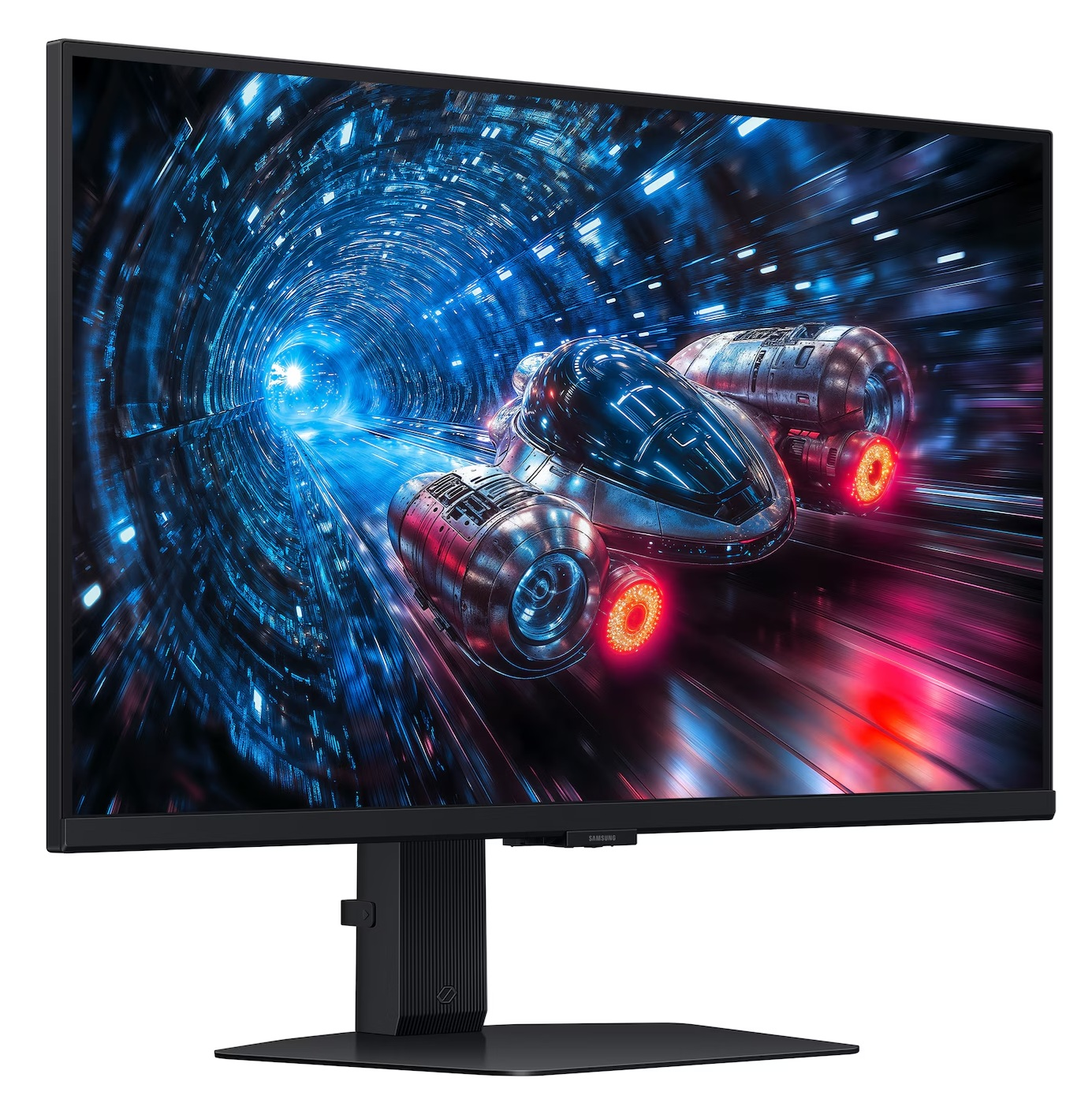 Monitor komputera wyświetla statek kosmiczny lecący przez niebieski tunel. Monitor jest czarny i ma czarną podstawę.