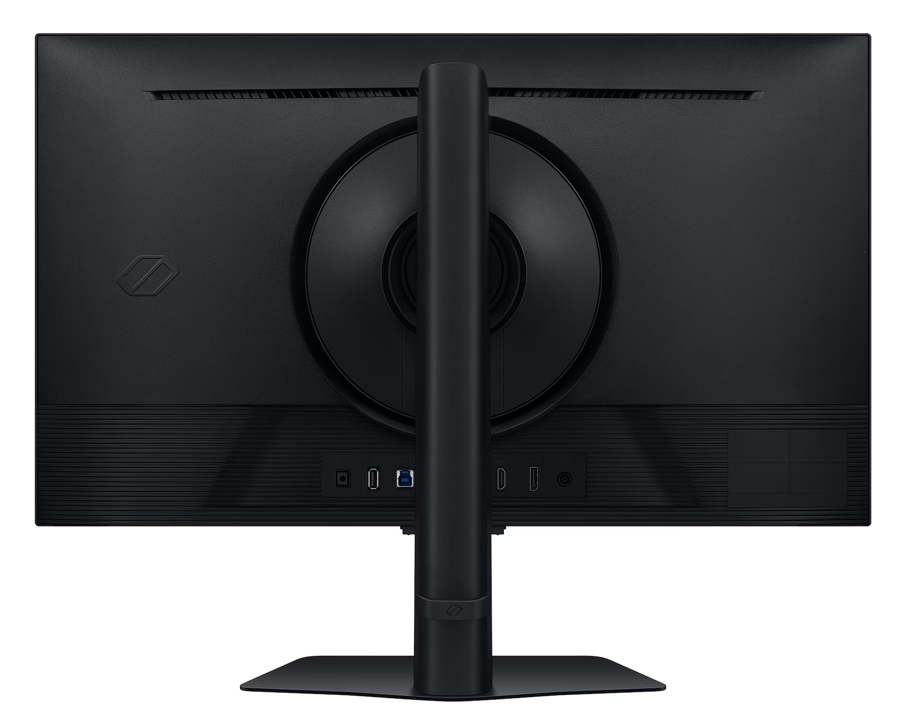 Tył czarnego monitora komputerowego. Ma centralną podstawę i różne porty. Ekran ma teksturowaną powierzchnię.