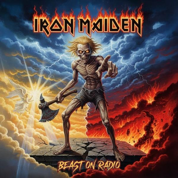 Eine skelettartige Figur mit einer Axt steht auf einer zerbrochenen Plattform. Flammen und Wolken füllen den Hintergrund. Der Bandname steht oben.
