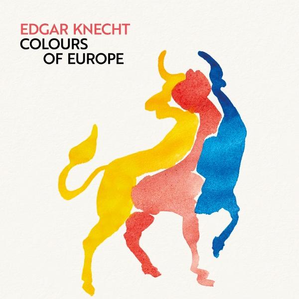 Bunte Illustration eines Stiers in Gelb, Rot und Blau, mit Text 'EDGAR KNECHT COLOURS OF EUROPE' auf weißem Hintergrund.