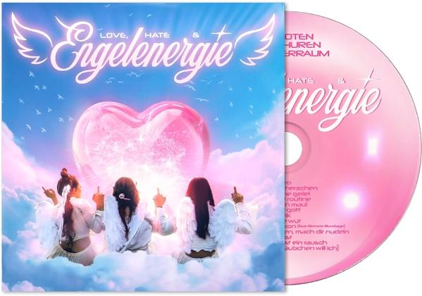 Albumcover: 3 Frauen mit Engelsflügeln zeigen den Mittelfinger. Rosa Herz. CD rechts.