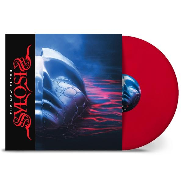 Albumcover und rote Vinyl-Schallplatte. Das Cover zeigt Bandname, Logo und abstrakte blaue und rote Bilder. Die Platte ist rot.