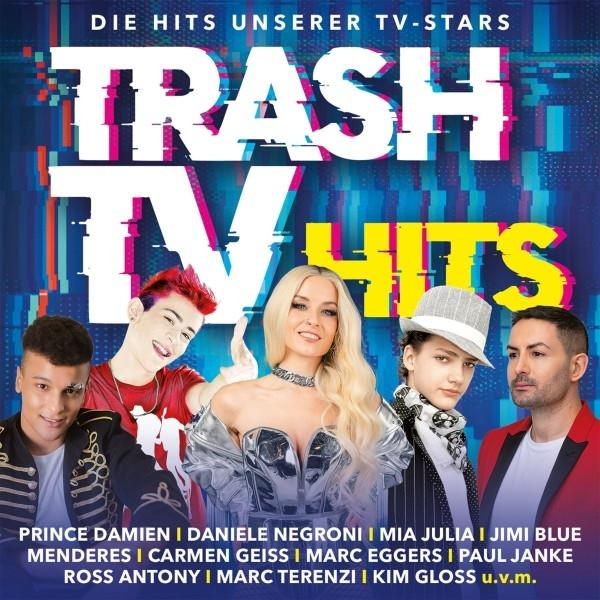 Poster für "Trash TV Hits". Zeigt fünf Personen, Text-Overlay. Der Titel ist im Glitch-Text. Namen der Künstler stehen unten.
