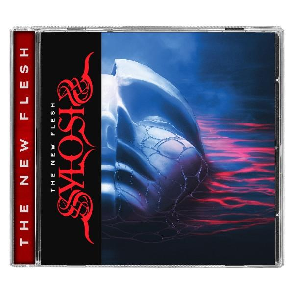 CD-Cover. Dunkles blaues abstraktes Design mit weißer Form und rotem Text, der Bandname lautet 'Sylosis' und das Album 'The New Flesh'.