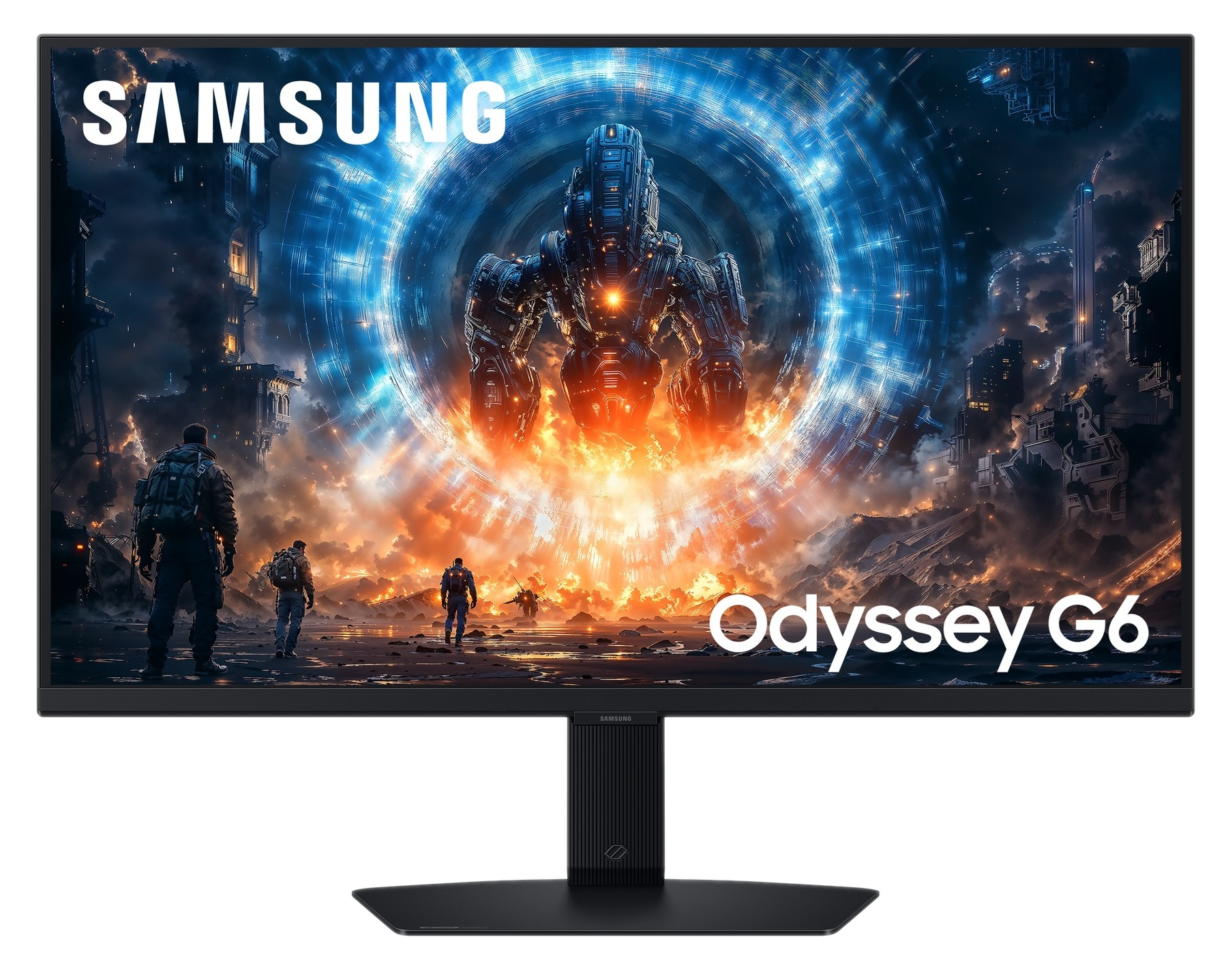 Monitor Samsung Odyssey G6. Futurystyczna scena z postaciami idącymi w kierunku dużej robotycznej postaci w portalu, płonące tło.