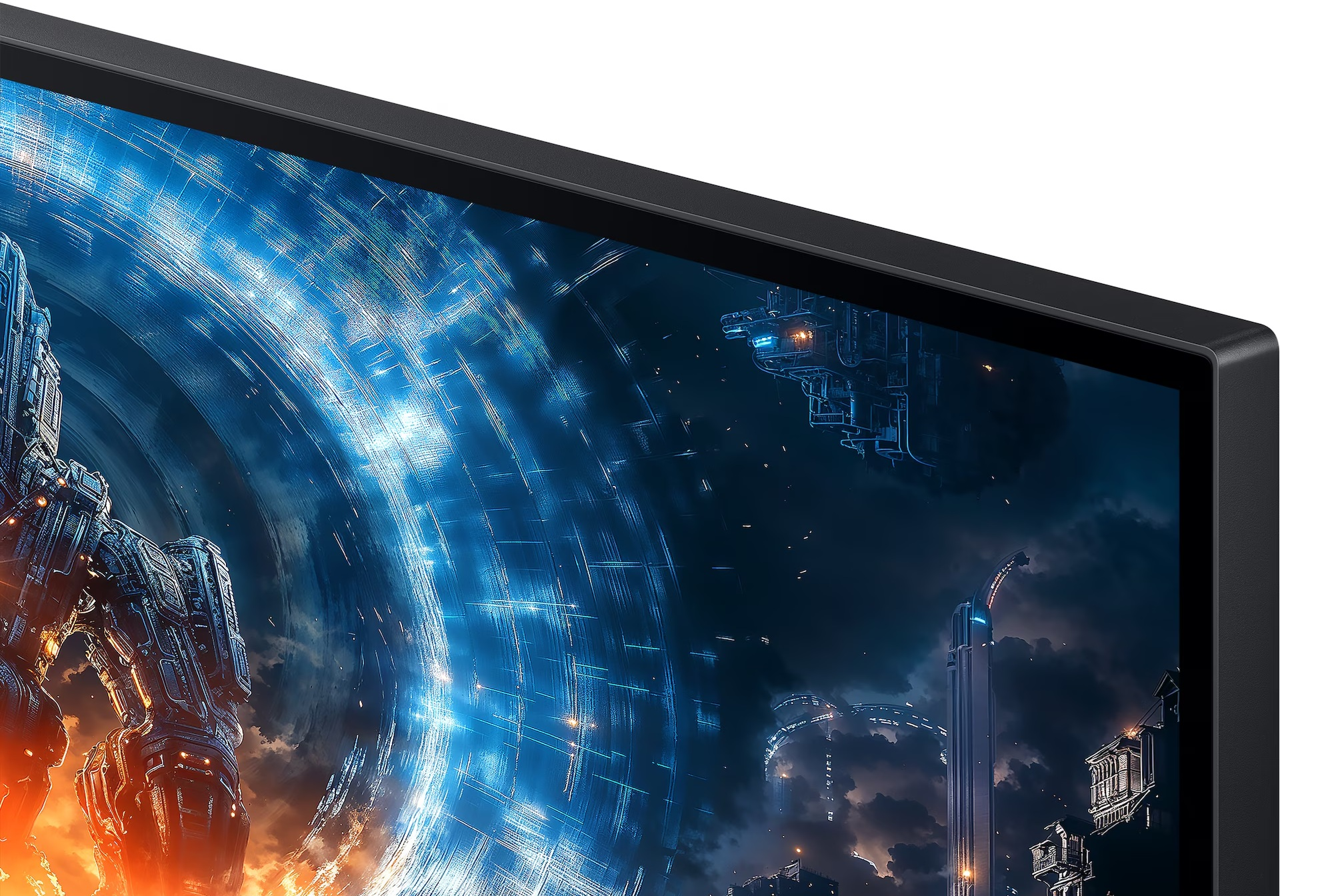 Monitor wyświetlający futurystyczny krajobraz miasta z świecącymi strukturami, stacją kosmiczną i ognistą atmosferą.
