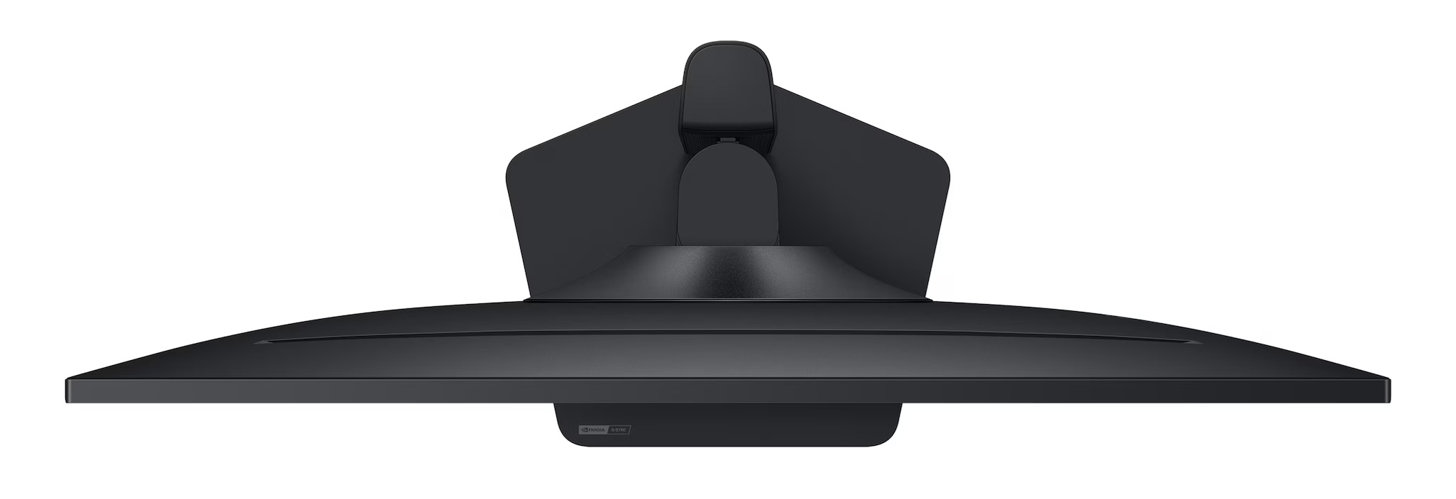 Widok z góry na czarny monitor ze stojakiem. Monitor ma zakrzywiony ekran.