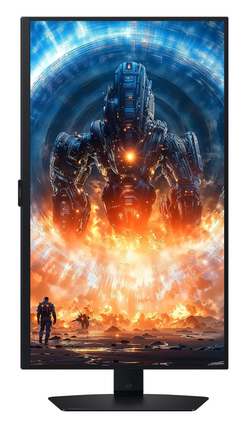 Scena sci-fi: gigantyczny robot, dwie postacie w krajobrazie, ogniste niebo i niebieska sfera energii.