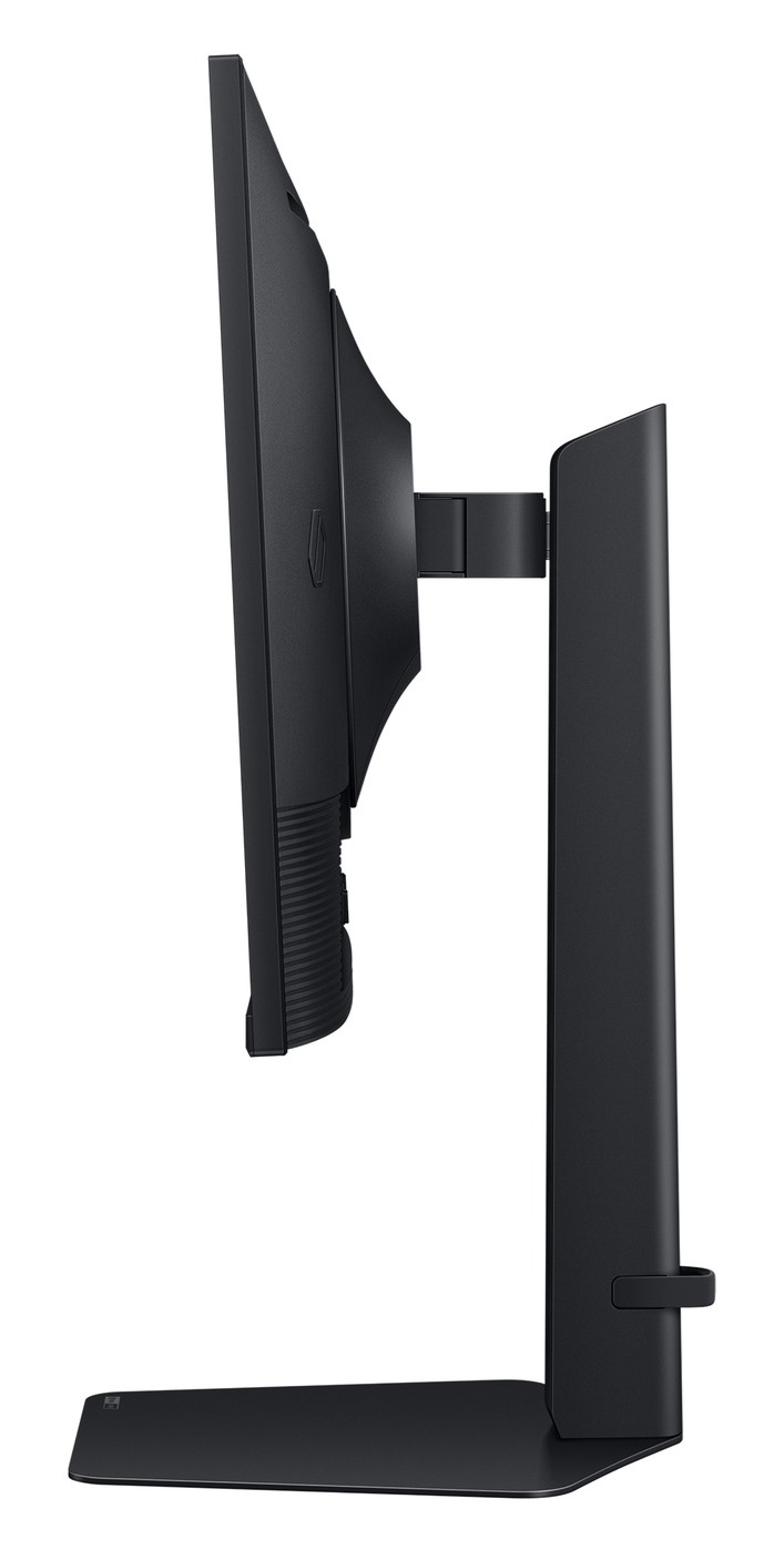 Widok z boku czarnego monitora komputera. Ekran jest po lewej stronie, połączony ze stojakiem po prawej stronie. Białe tło.