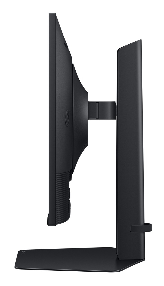 Widok z boku czarnego monitora komputera. Ma podstawę i grubą ramę. Tło jest białe.