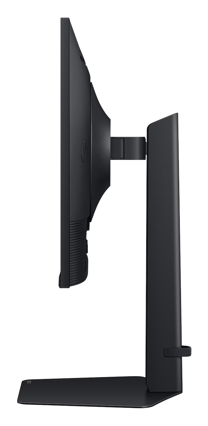 Widok z boku czarnego monitora komputera. Ekran jest po lewej, połączony z podstawą po prawej, wszystko na białym tle.