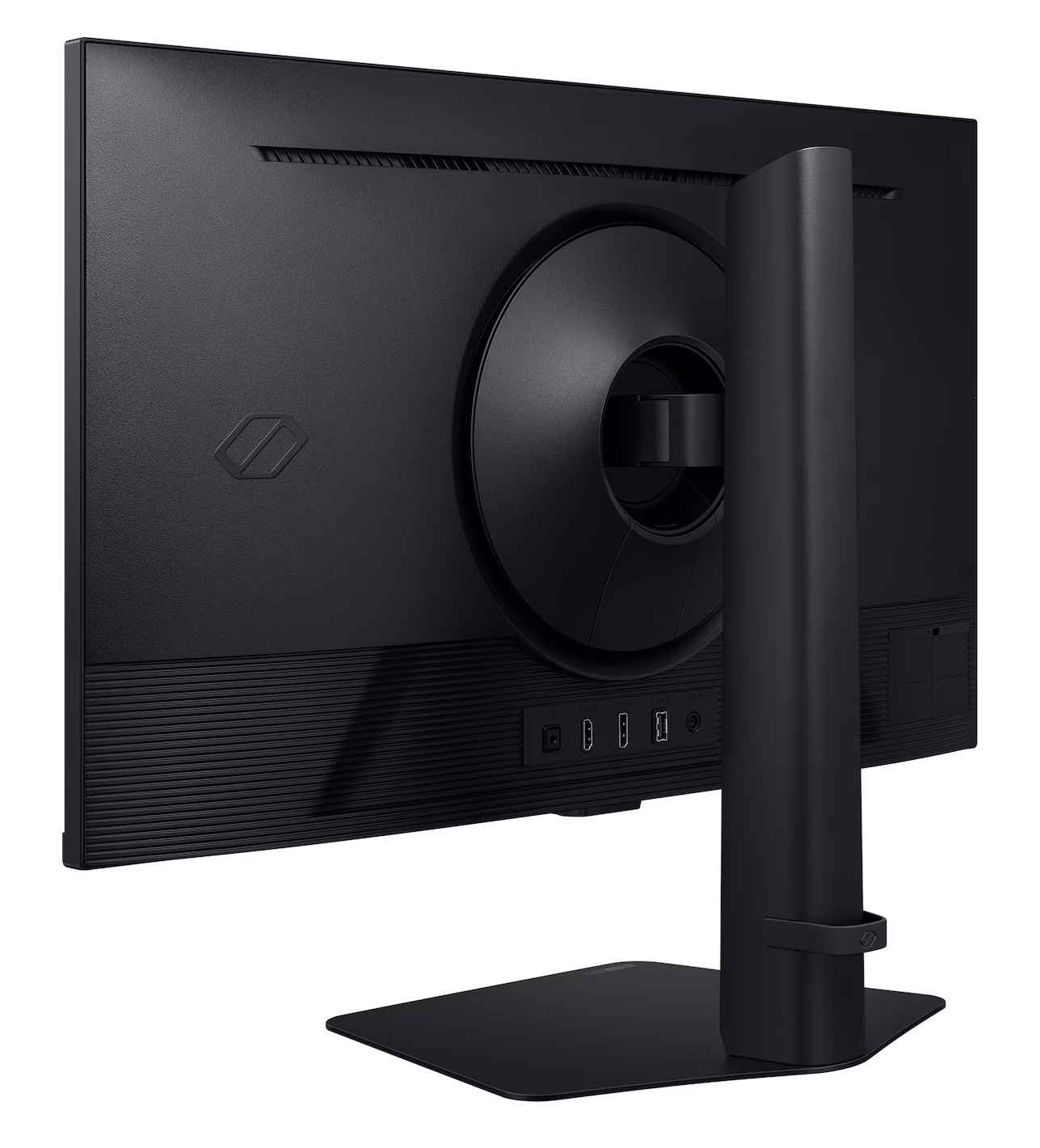 Tył czarnego monitora komputerowego. Ma okrągły kształt i podstawkę. Porty są widoczne na dolnej krawędzi.