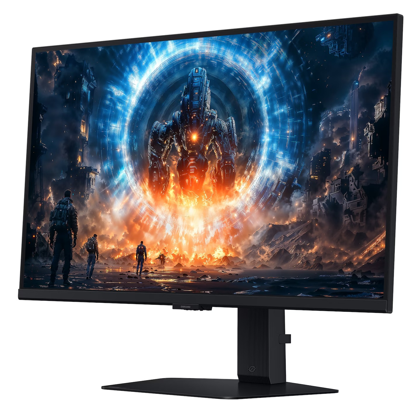 Monitor wyświetla futurystyczną scenę z gigantycznym robotem, postaciami i portalem. Monitor jest czarny z czarnym stojakiem.