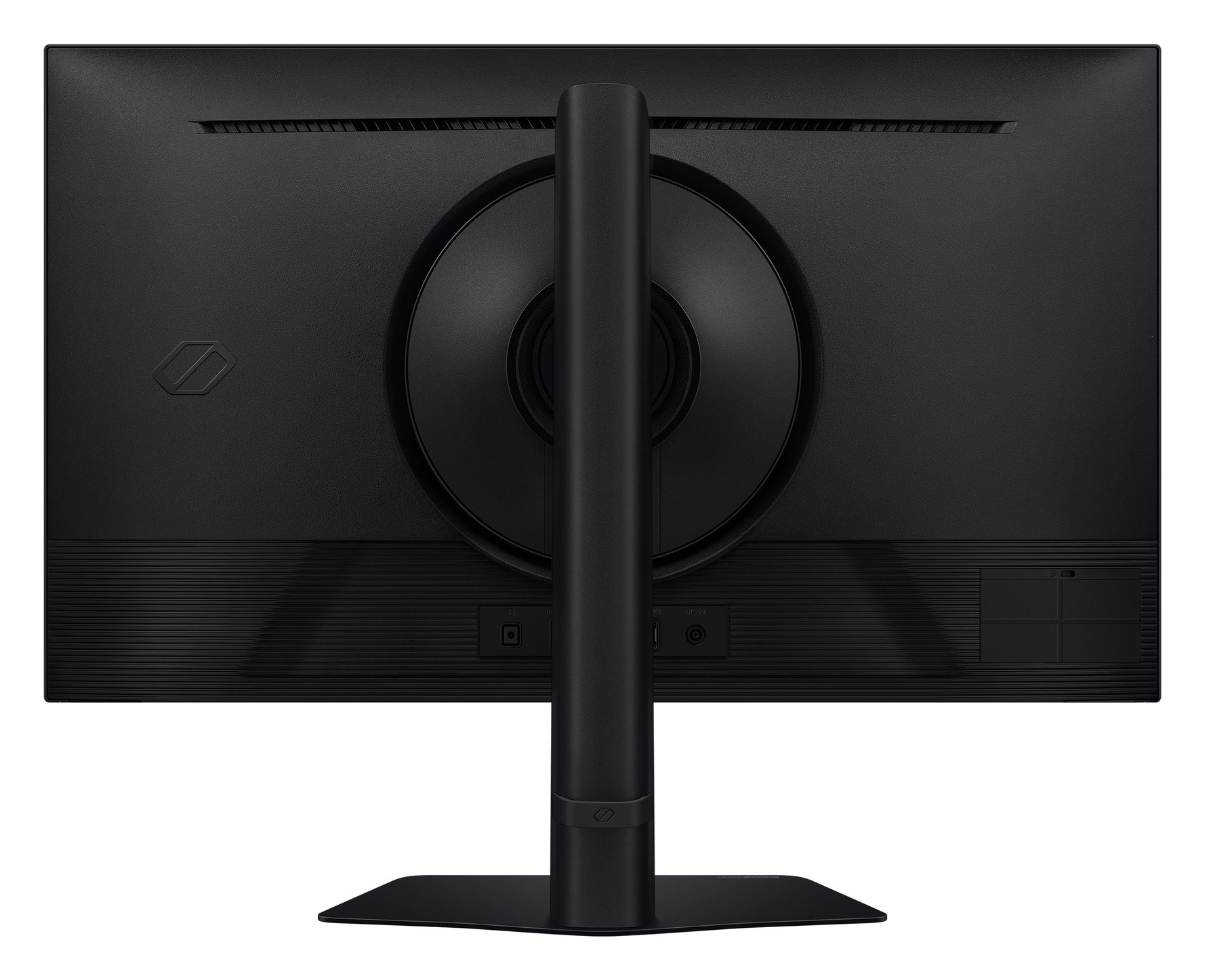 Pokazano tył czarnego monitora komputerowego. Centralny stojak łączy się z podstawą. Widoczne są porty i otwory wentylacyjne.