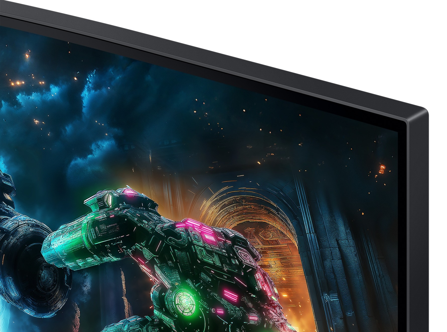 Monitor wyświetla futurystyczną scenę statku kosmicznego z zielonymi, różowymi światłami i ciemnym, atmosferycznym tłem.