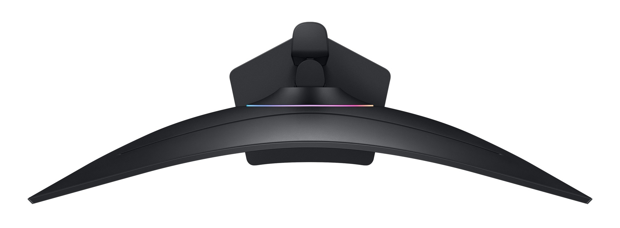 Czarny zakrzywiony monitor z perspektywy na wysokości oczu. Monitor ma podstawkę i kolorowy pasek świetlny.