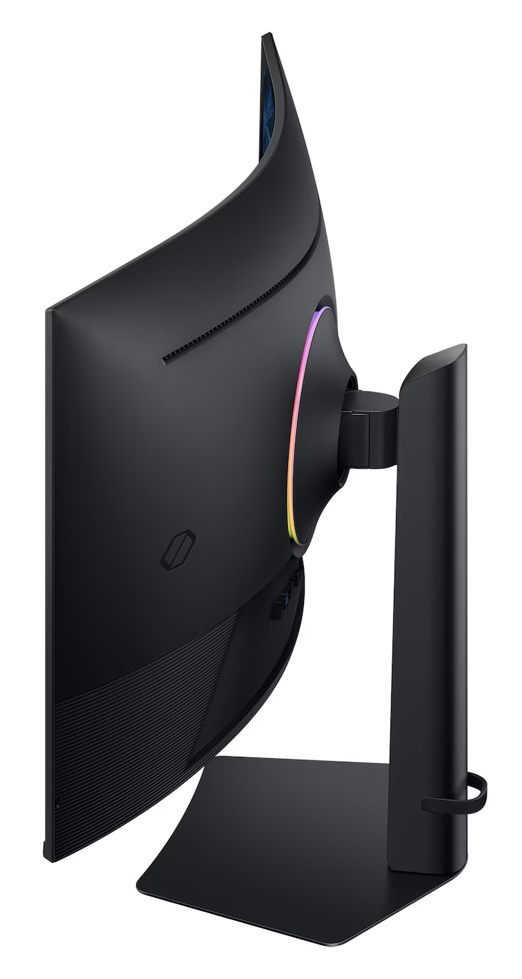 Czarny zakrzywiony monitor do gier, widok z boku. Monitor ma podstawę i kolorowe światło z tyłu.