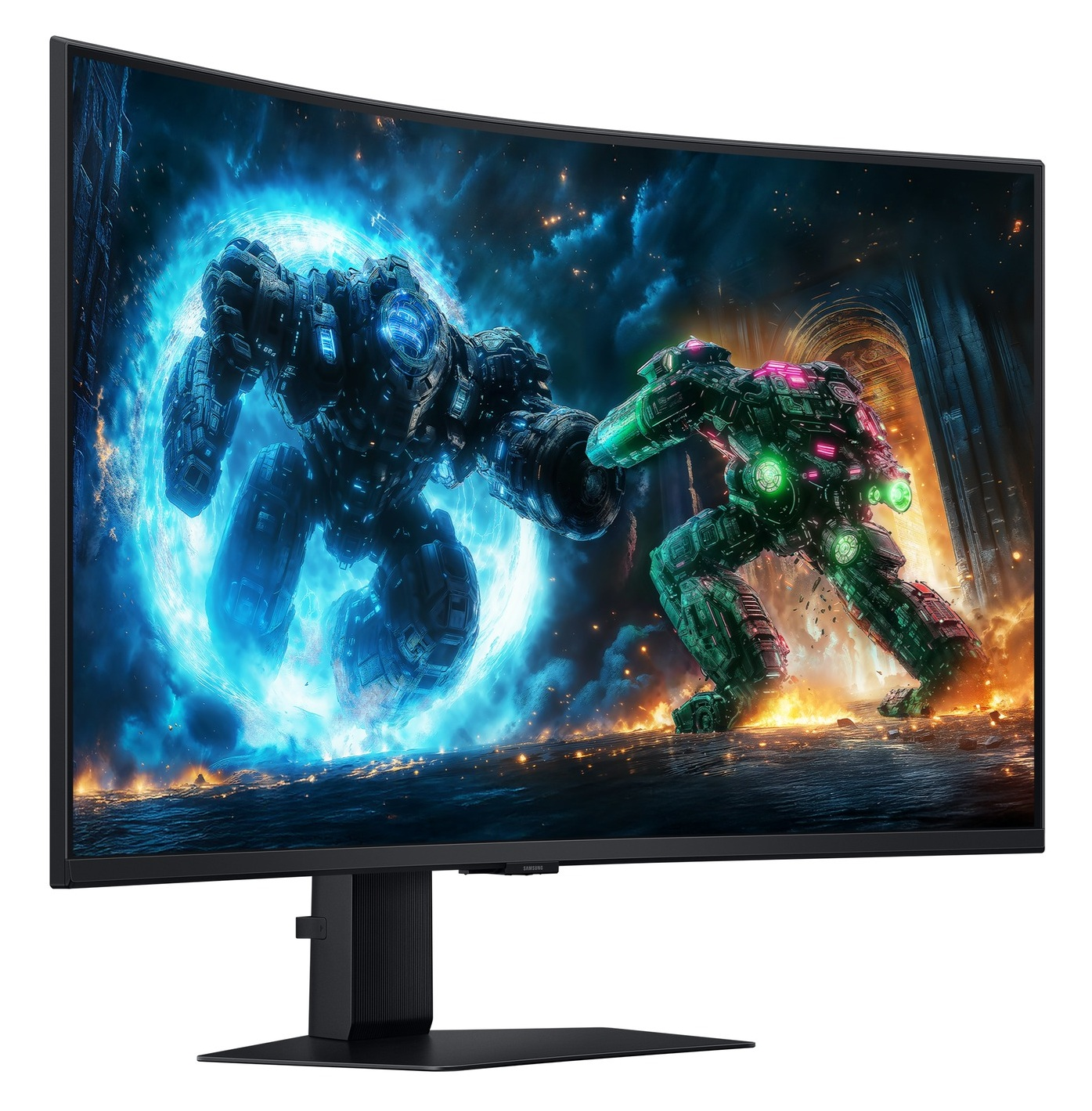 Monitor wyświetla scenę bitwy science-fiction z dwoma robotami. Jeden jest niebieski, drugi zielony, walczą na płonącym krajobrazie.