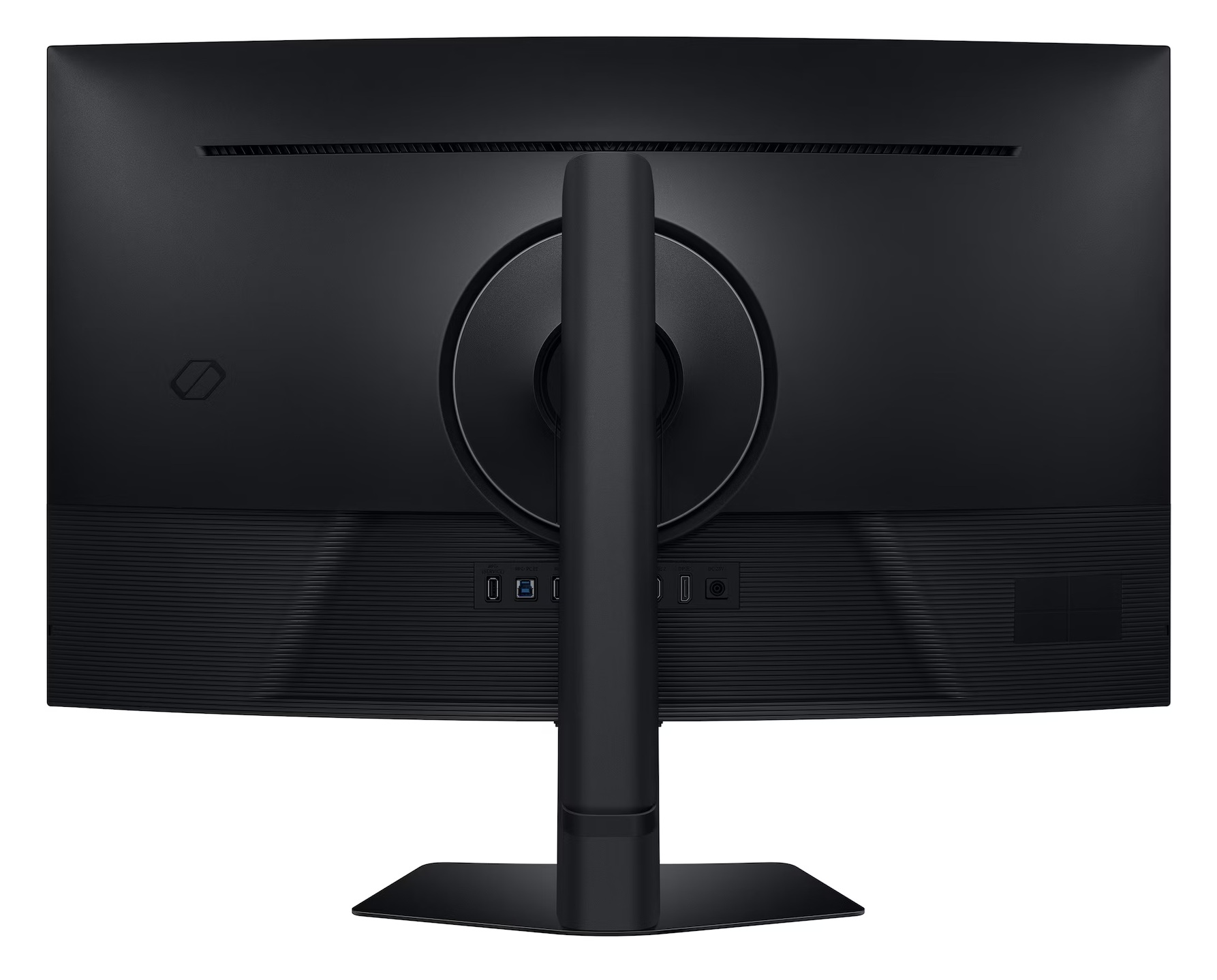 Pokazano tył czarnego monitora komputerowego. Ma podstawę i kilka portów. Monitor jest zakrzywiony i ma matowe wykończenie.