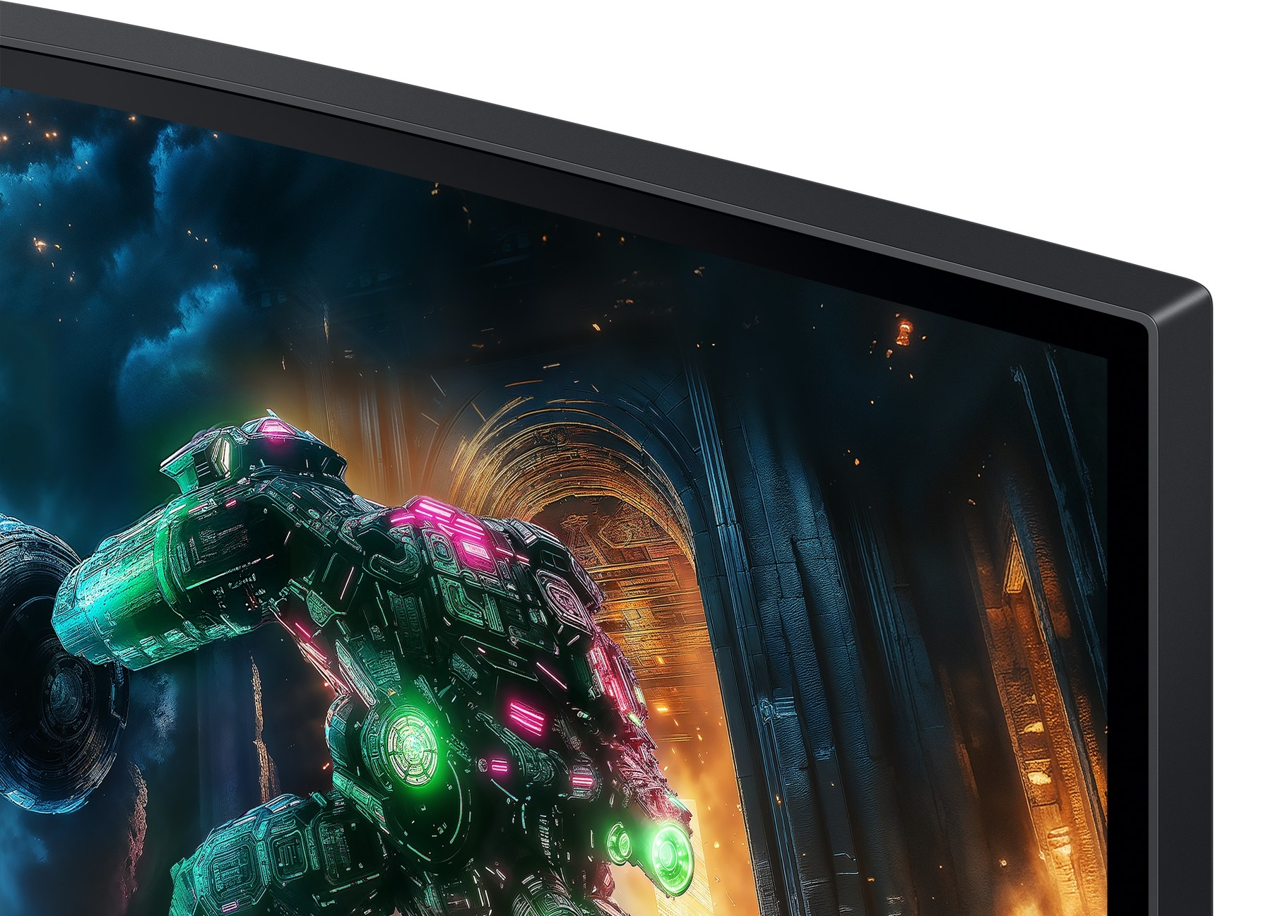 Scena science fiction na monitorze. Futurystyczny statek kosmiczny z zielonymi i różowymi światłami leci na ciemnym tle.