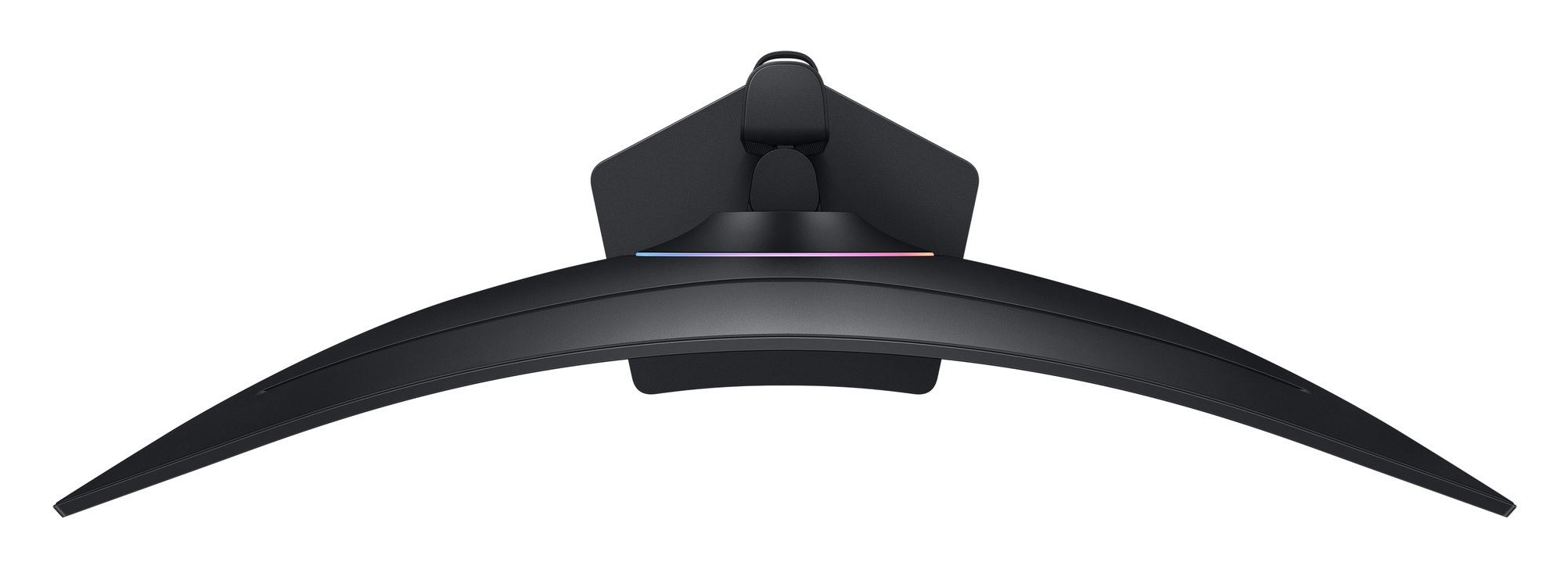 Widok z góry na czarny, zakrzywiony monitor. Stojak jest również czarny i ma wielokolorowy pasek świetlny.