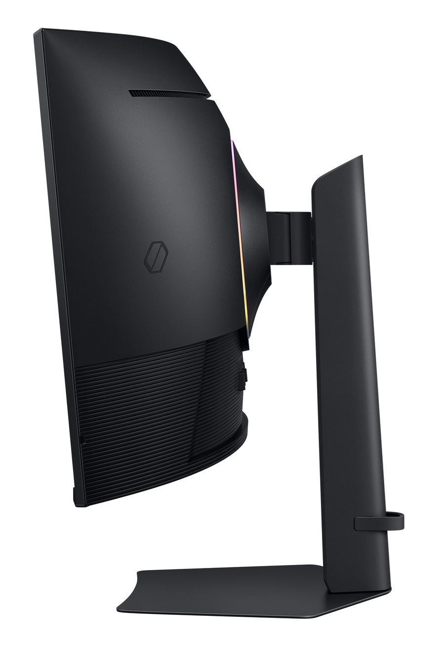 Widok z boku czarnego monitora komputerowego. Monitor ma zakrzywioną tylną część ze stojakiem i kolorowym paskiem świetlnym.