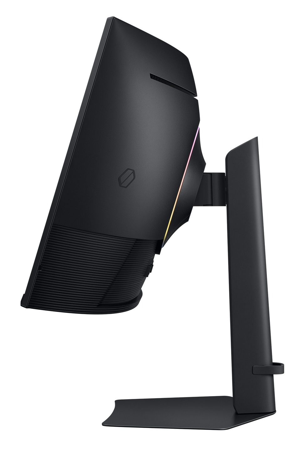 Widok z boku czarnego monitora komputera. Ma zakrzywione plecy, podstawę i subtelne akcenty kolorystyczne.
