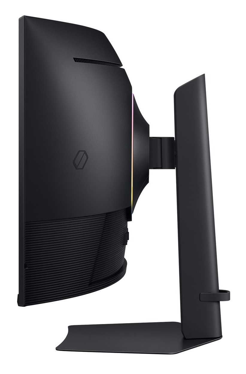 Widok z boku czarnego monitora komputerowego. Monitor ma zakrzywioną tylną część i podstawkę. Diody LED są widoczne wzdłuż krawędzi.