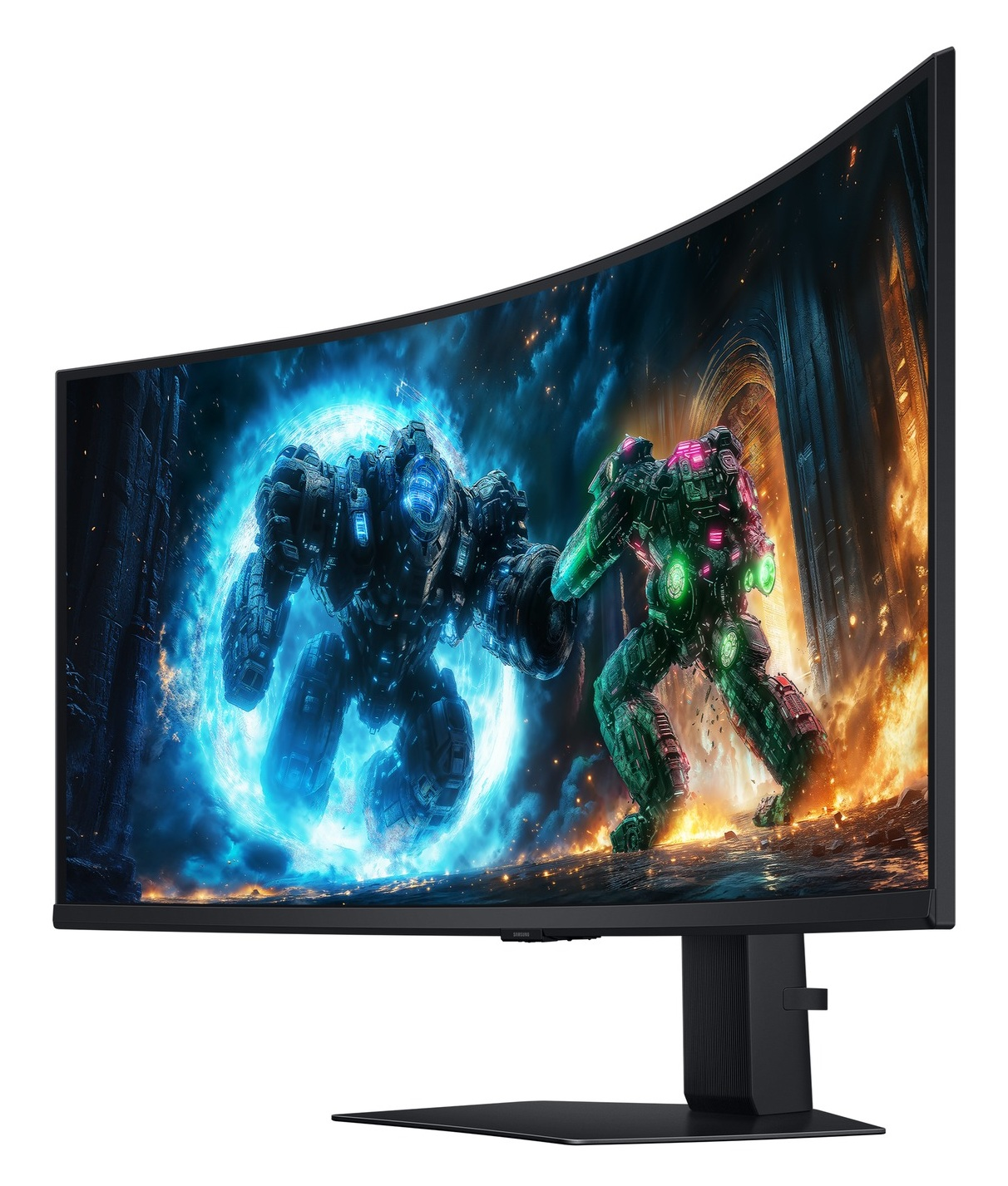 Zakrzywiony monitor wyświetlający scenę bitwy z dwoma mechami. Jeden niebieski, drugi zielony. Ciemne tło z efektami ognia i niebieskiej energii.