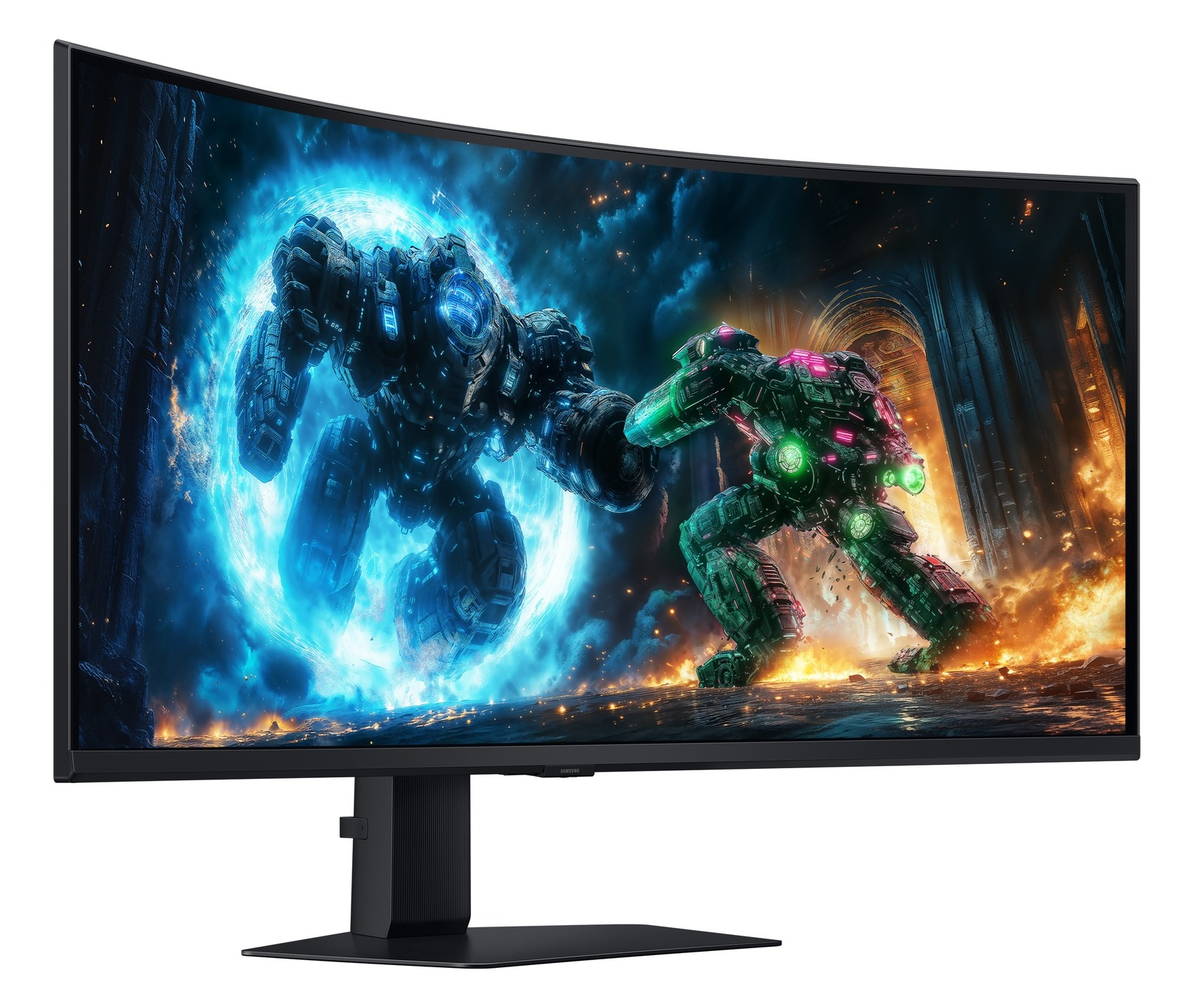 Zakrzywiony monitor wyświetlający scenę bitwy z dwoma robotami. Jeden jest niebieski, drugi zielony, w futurystycznym otoczeniu.