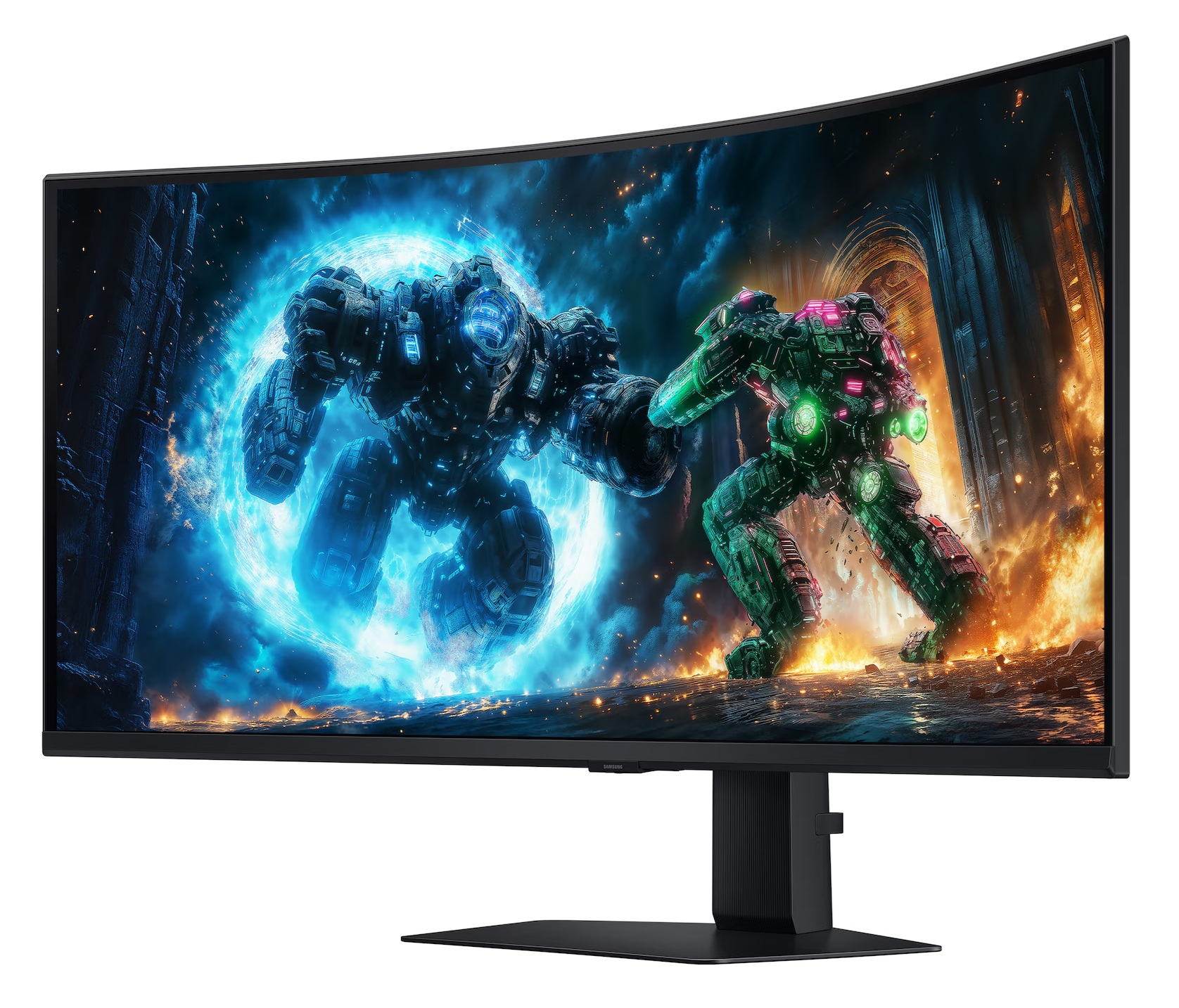 Zakrzywiony monitor wyświetlający scenę bitwy science-fiction z dwoma mechami. Jeden niebieski, jeden zielony, walczący w mieście z ogniem i eksplozjami.