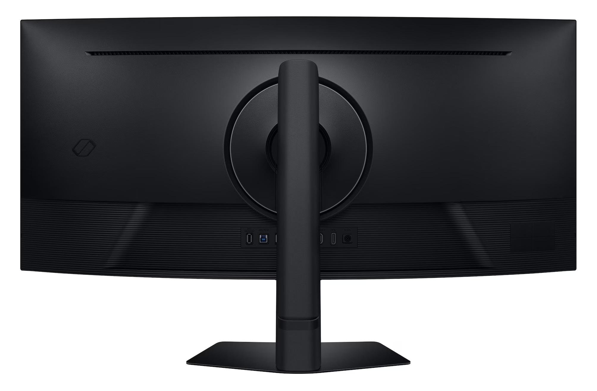 Tył czarnego monitora komputerowego ze stojakiem. Widoczne porty i otwory wentylacyjne.