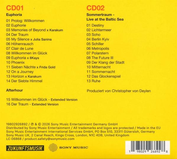 CD-Cover. Gelber Hintergrund. Listet CD01 Euphoria und CD02 Sommertraum. Sony Music-Logo und Copyright-Informationen.