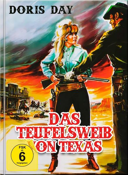 Poster für den Film 'Das Teufelsweib von Texas'. Doris Day hält ein Gewehr. Ein Mann steht neben ihr. Hintergrund ist eine Stadt.