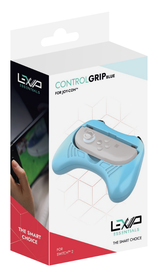 Niebieskie pudełko Lexip Control Grip do Joy-Con. Pudełko przedstawia niebieski kontroler i osobę trzymającą konsolę do gier.