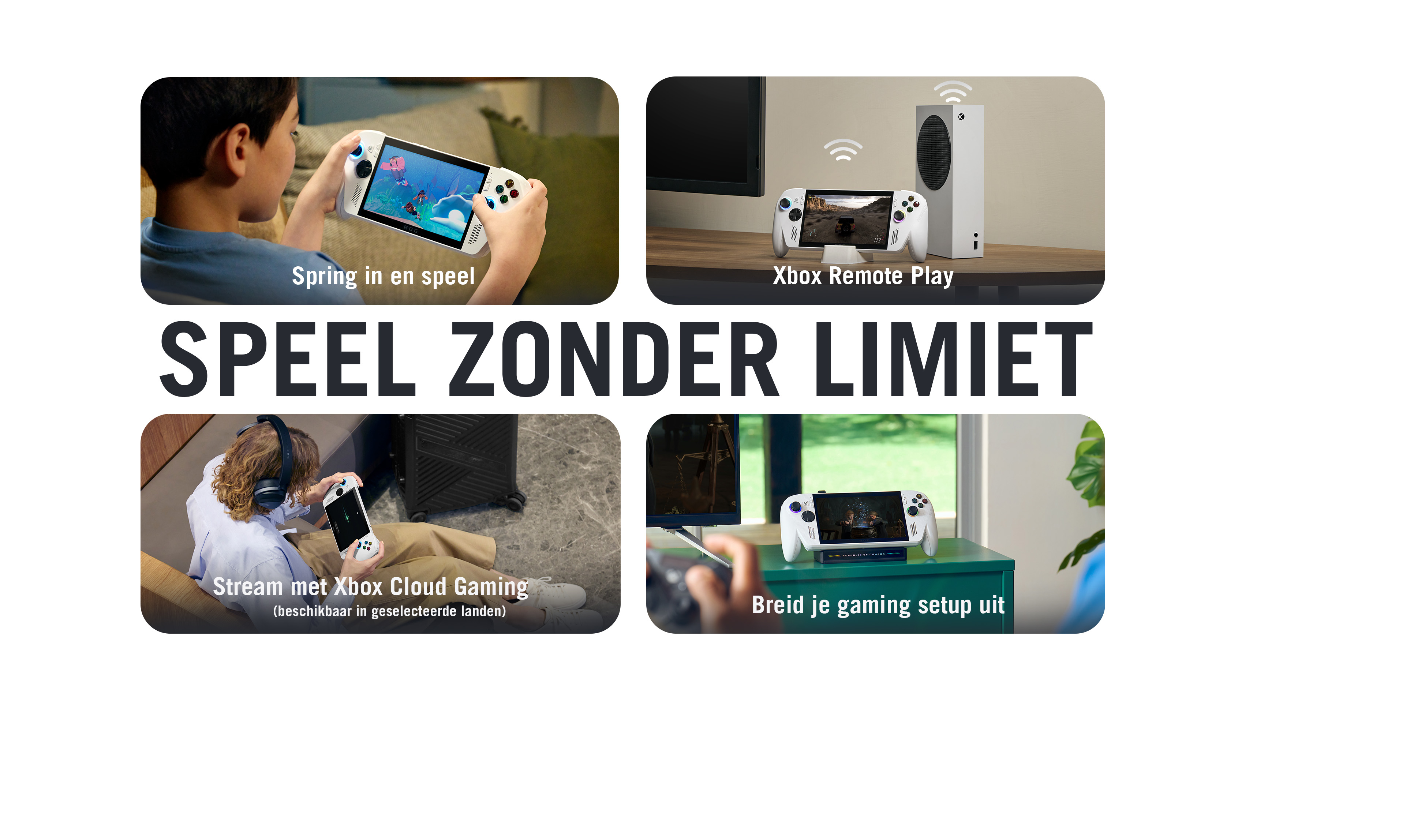 De afbeelding toont mensen die op verschillende apparaten gamen. De tekst zegt 'SPEEL ZONDER LIMIET' (Speel zonder grenzen).