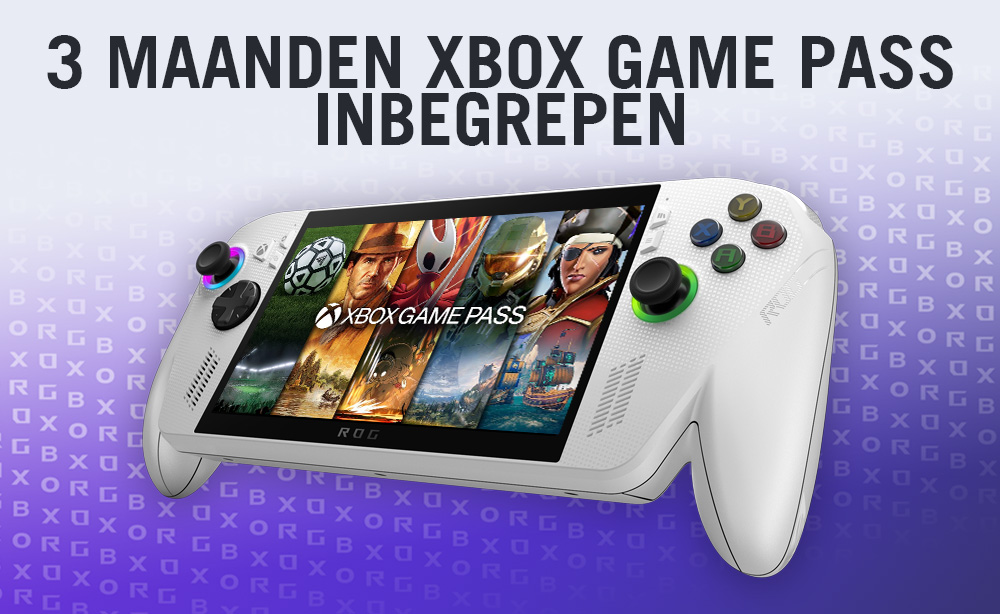 Witte handheld console met een scherm met game covers, Xbox Game Pass logo en de tekst '3 MAANDEN XBOX GAME PASS INBEGREPEN'.